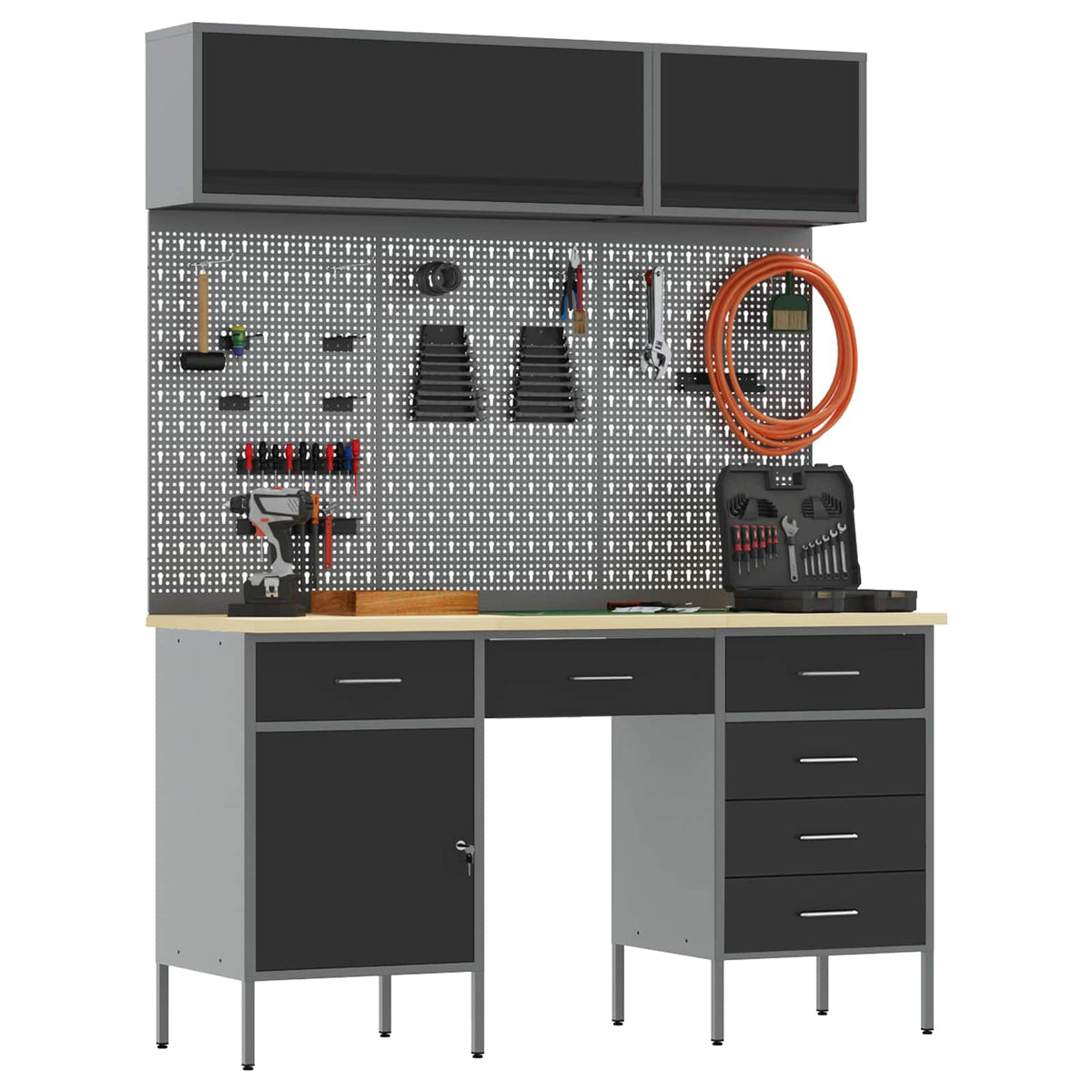 Arbeitsschrankset mit Schubladen mit Speicher 8 stk. Schwarz