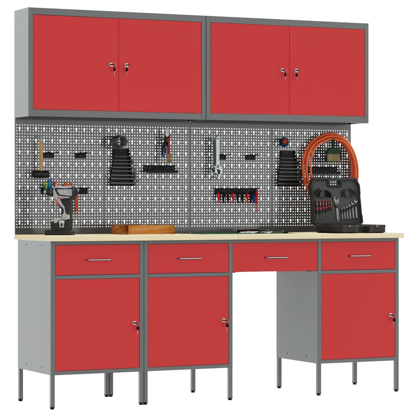 Werkbank 10 Stk. Rot und Grau Ingenieure Holz und Stahl