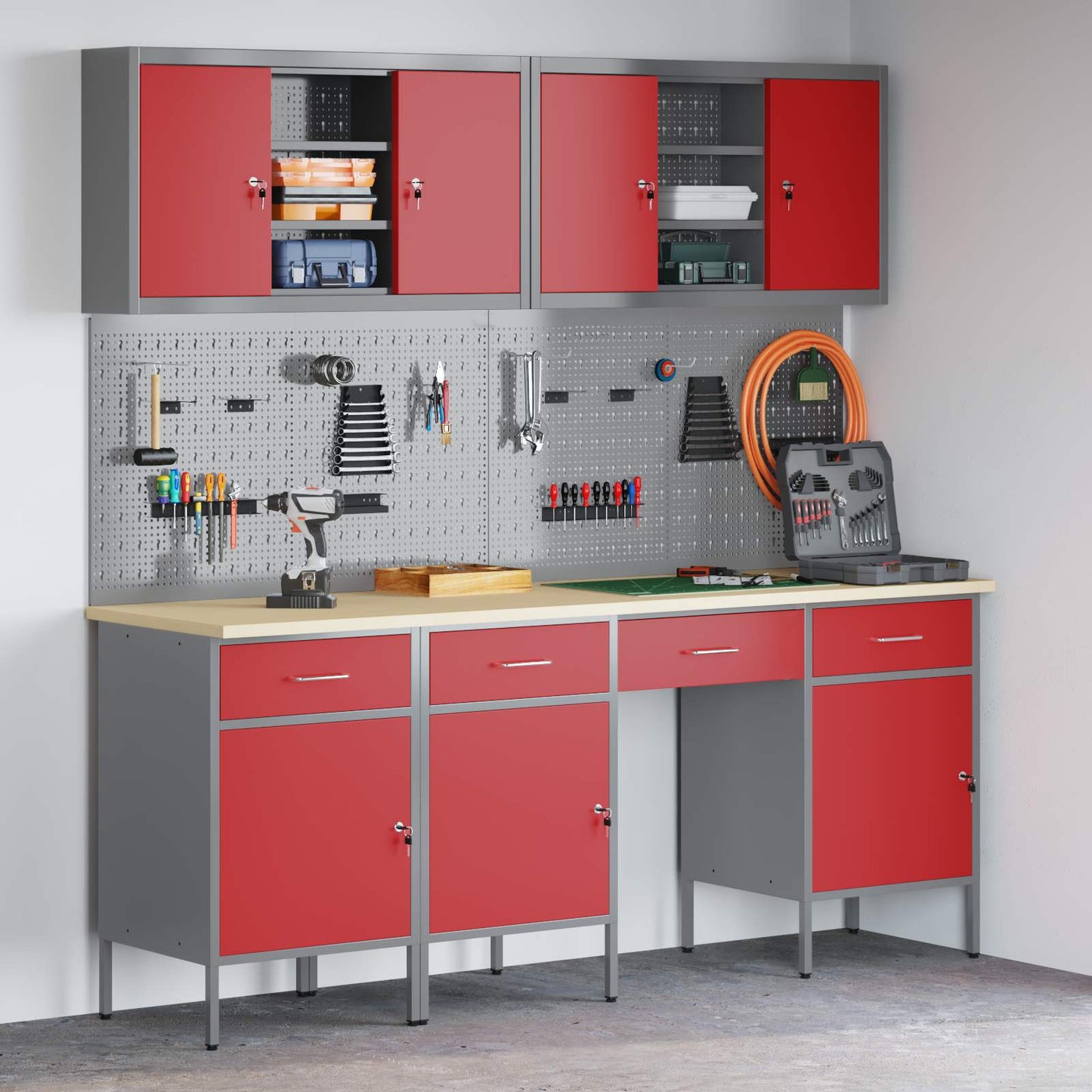 Werkbank 10 Stk. Rot und Grau Ingenieure Holz und Stahl