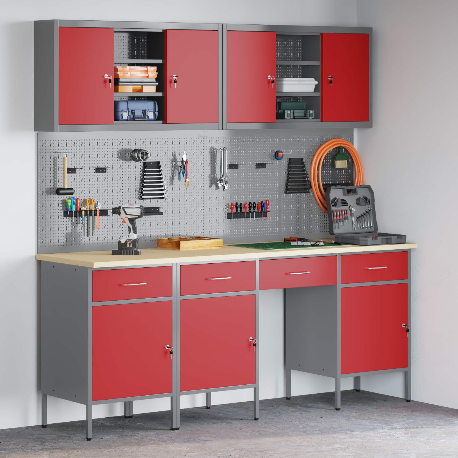 Werkbank 10 Stk. Rot und Grau Ingenieure Holz und Stahl