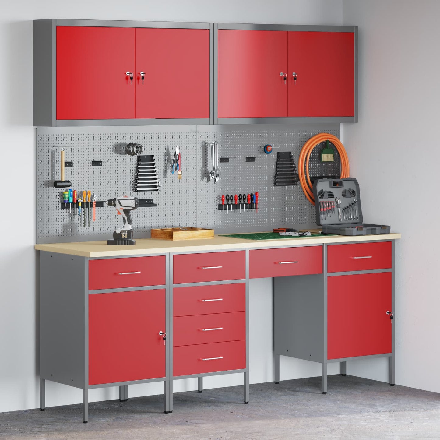 Werkbank 10 Stk. Rot und Grau Ingenieure Holz und Stahl