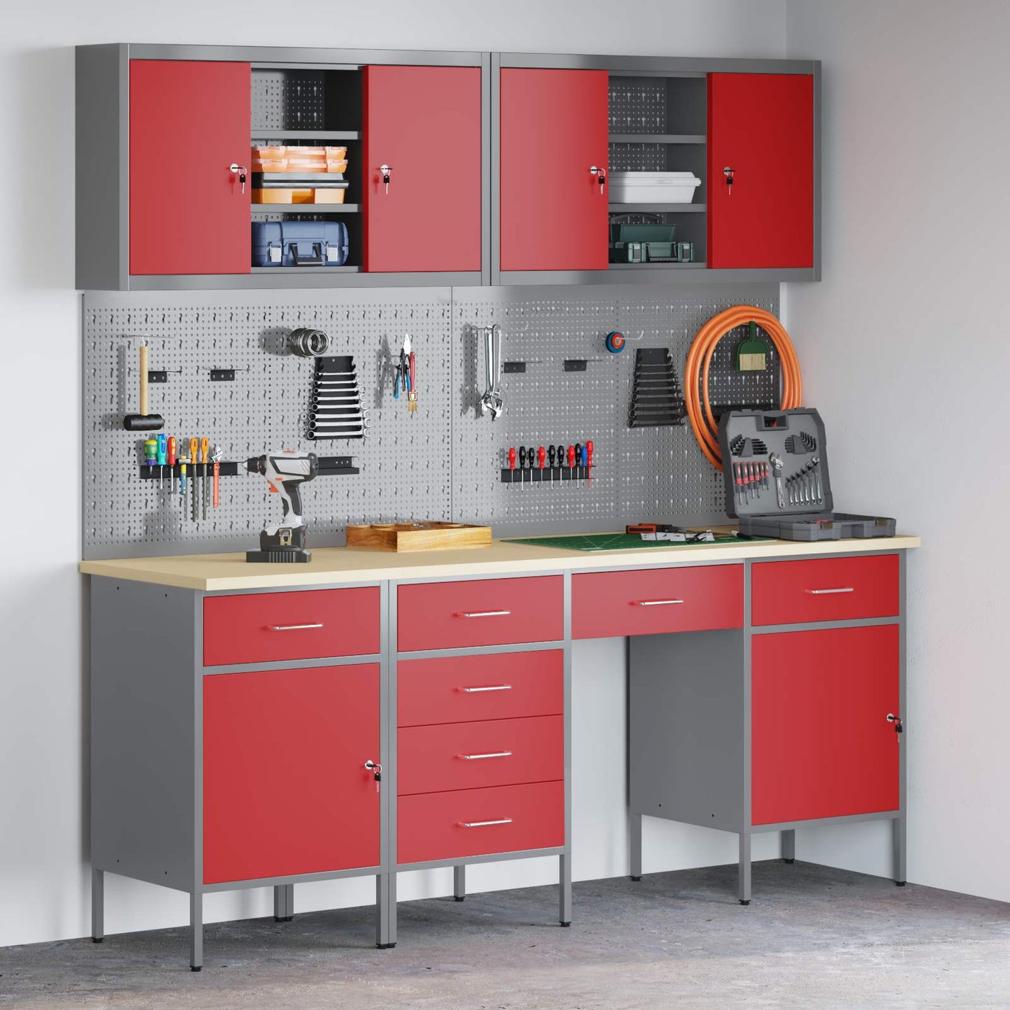 Werkbank 10 Stk. Rot und Grau Ingenieure Holz und Stahl