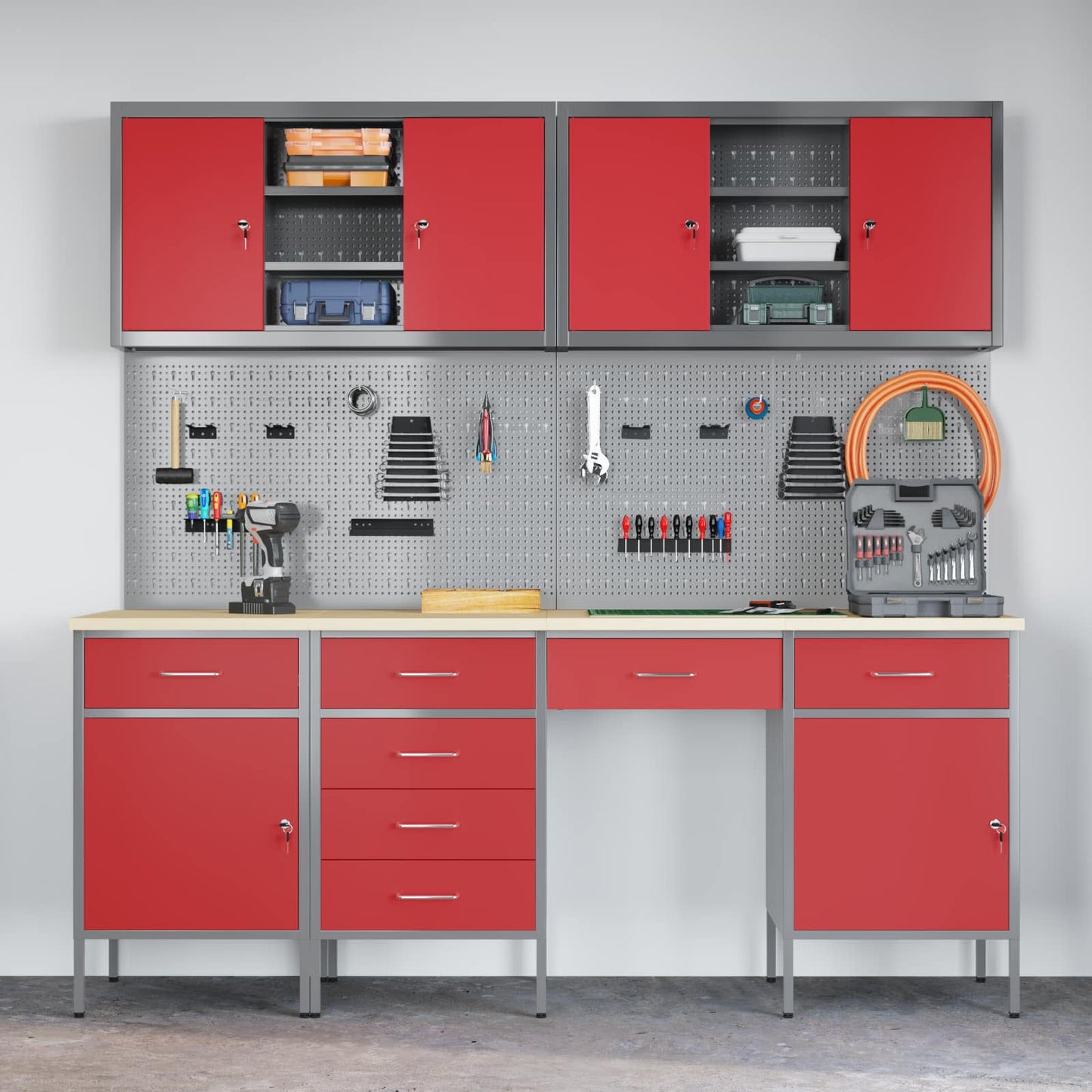 Werkbank 10 Stk. Rot und Grau Ingenieure Holz und Stahl