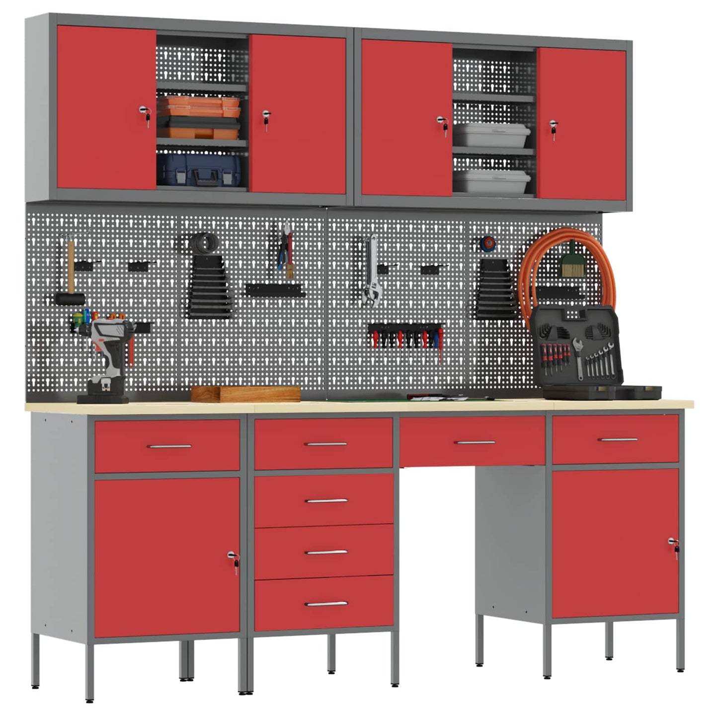Werkbank 10 Stk. Rot und Grau Ingenieure Holz und Stahl