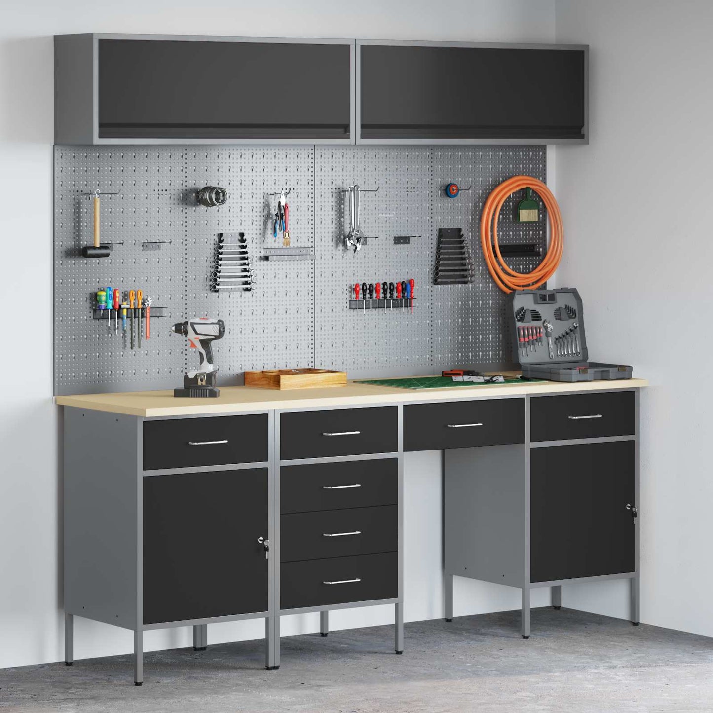 Arbeitsschrankset mit Schubladen mit Speicher 10 stk. Schwarz