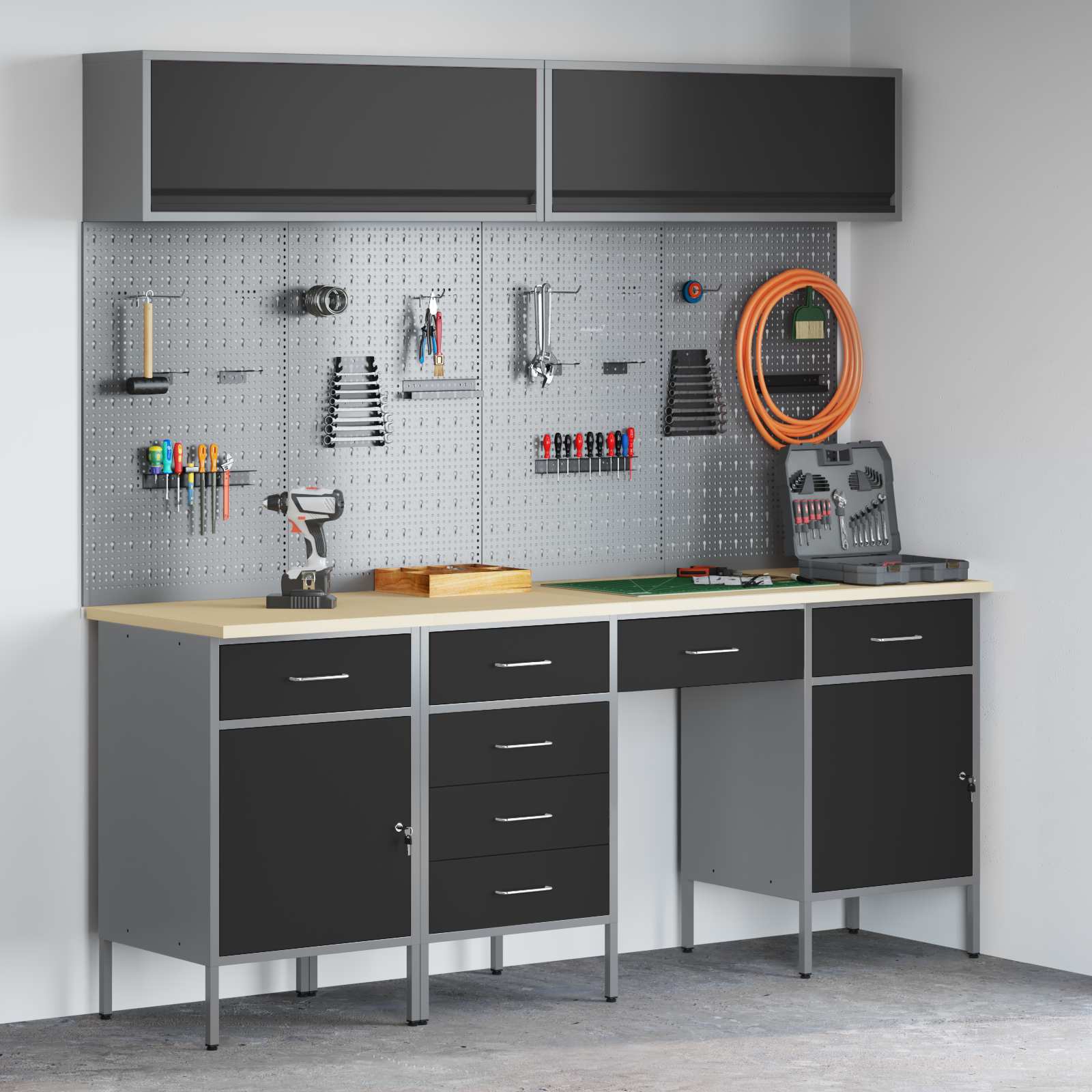 Arbeitsschrankset mit Schubladen mit Speicher 10 stk. Schwarz