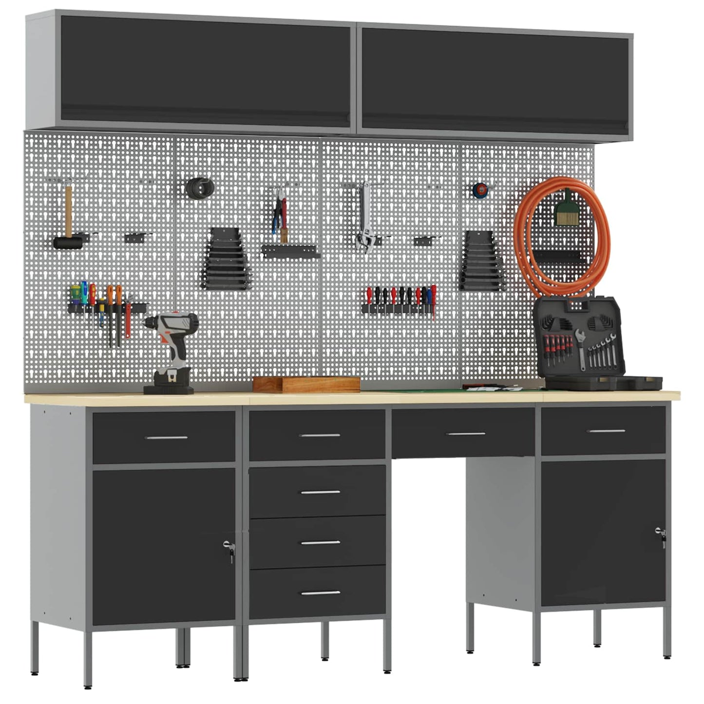 Arbeitsschrankset mit Schubladen mit Speicher 10 stk. Schwarz