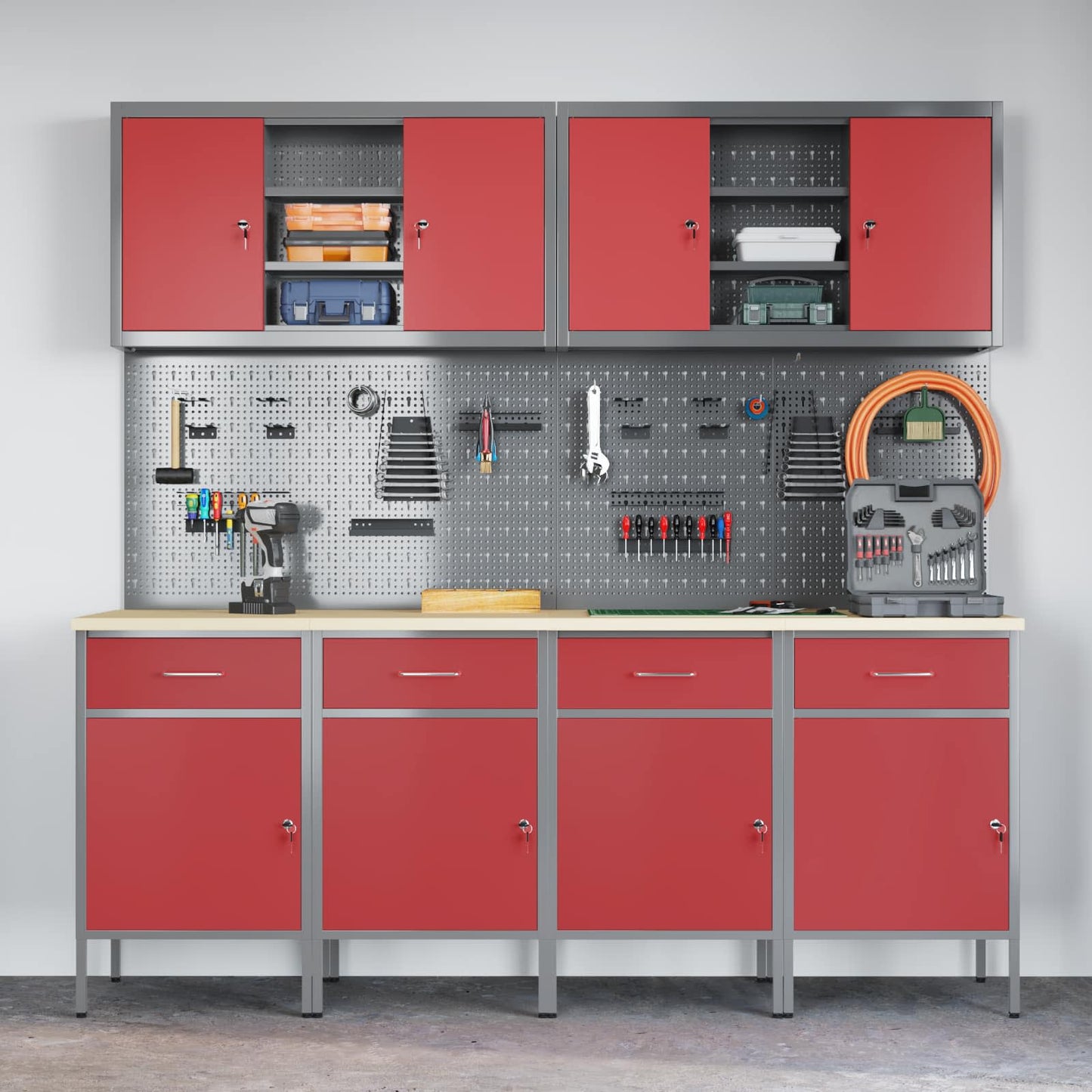Werkbank 10 Stk. Rot und Grau Ingenieure Holz und Stahl