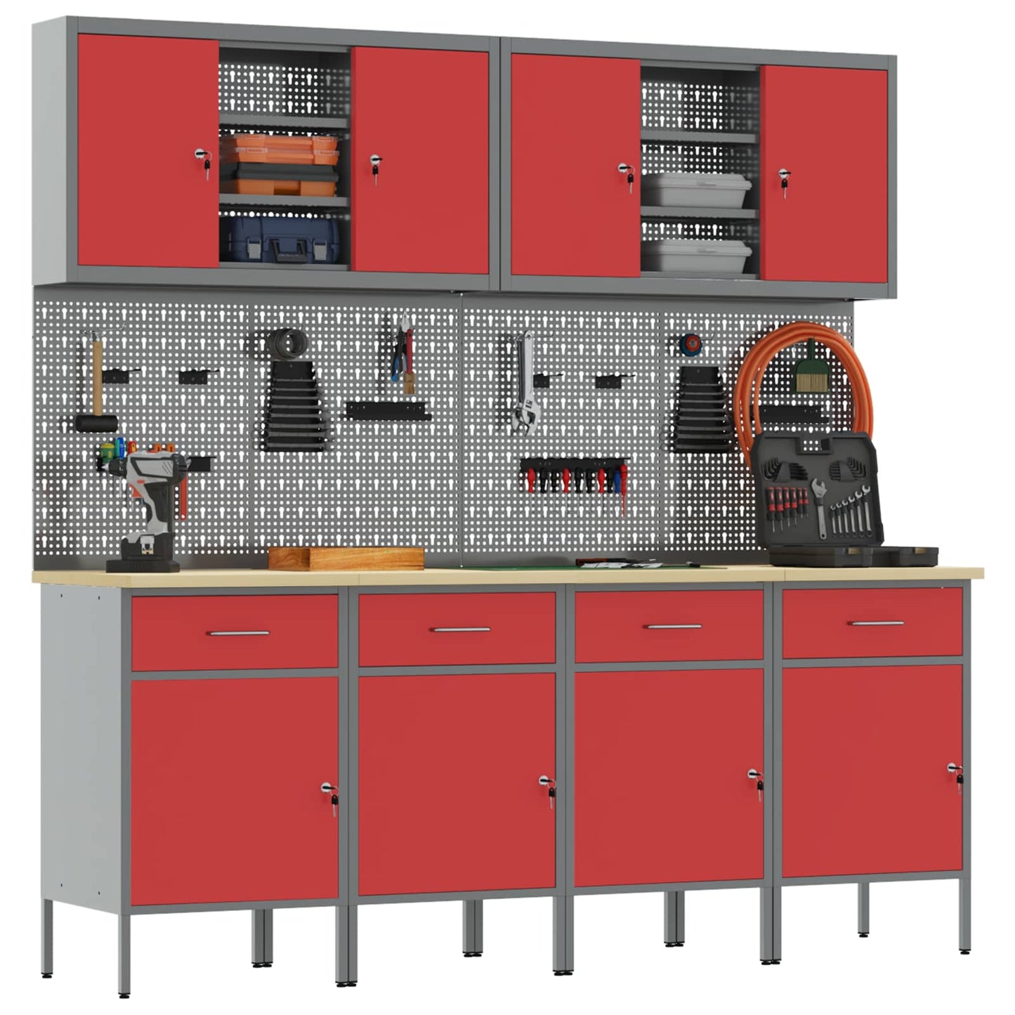 Werkbank 10 Stk. Rot und Grau Ingenieure Holz und Stahl