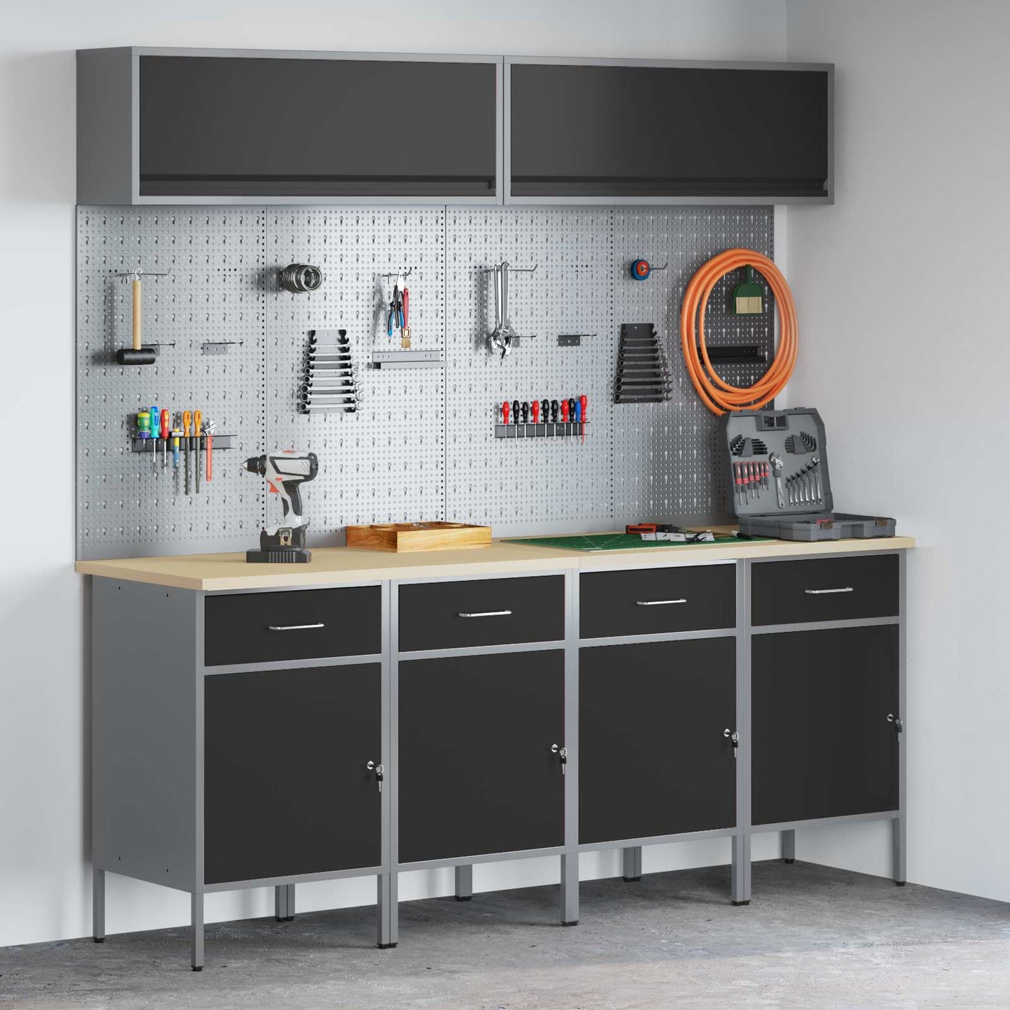Arbeitsschrankset mit Schubladen mit Speicher 10 stk. Schwarz