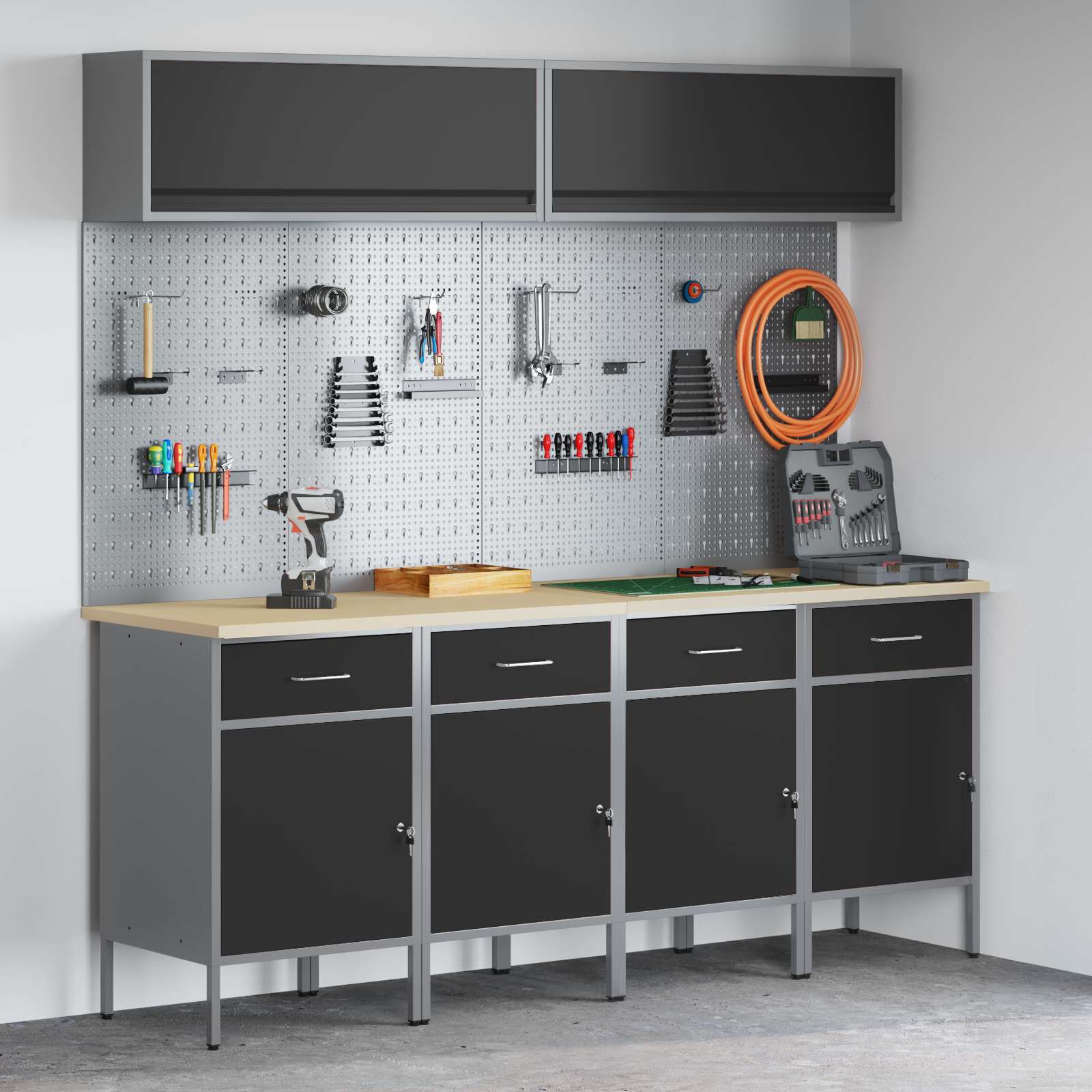 Arbeitsschrankset mit Schubladen mit Speicher 10 stk. Schwarz