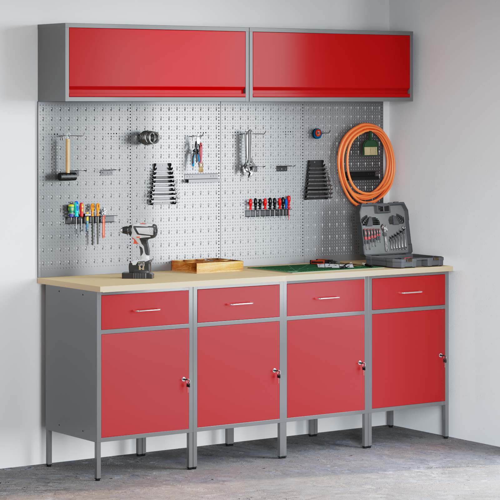 Arbeitsschrankset mit Schubladen mit Speicher 10 stk. Rot