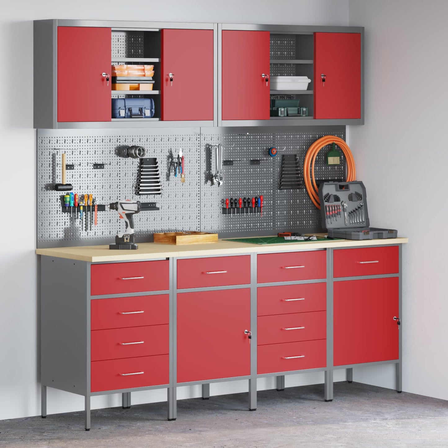 Werkbank 10 Stk. Rot und Grau Ingenieure Holz und Stahl