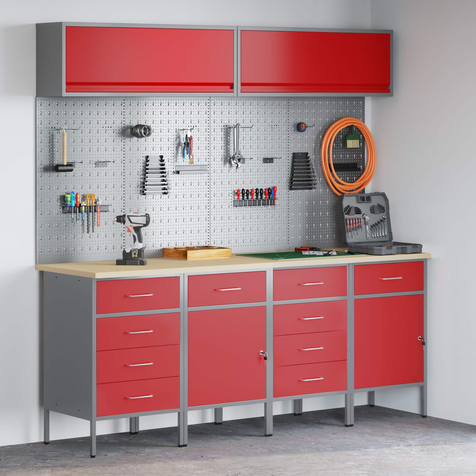 Arbeitsschrankset mit Schubladen mit Speicher 10 stk. Rot