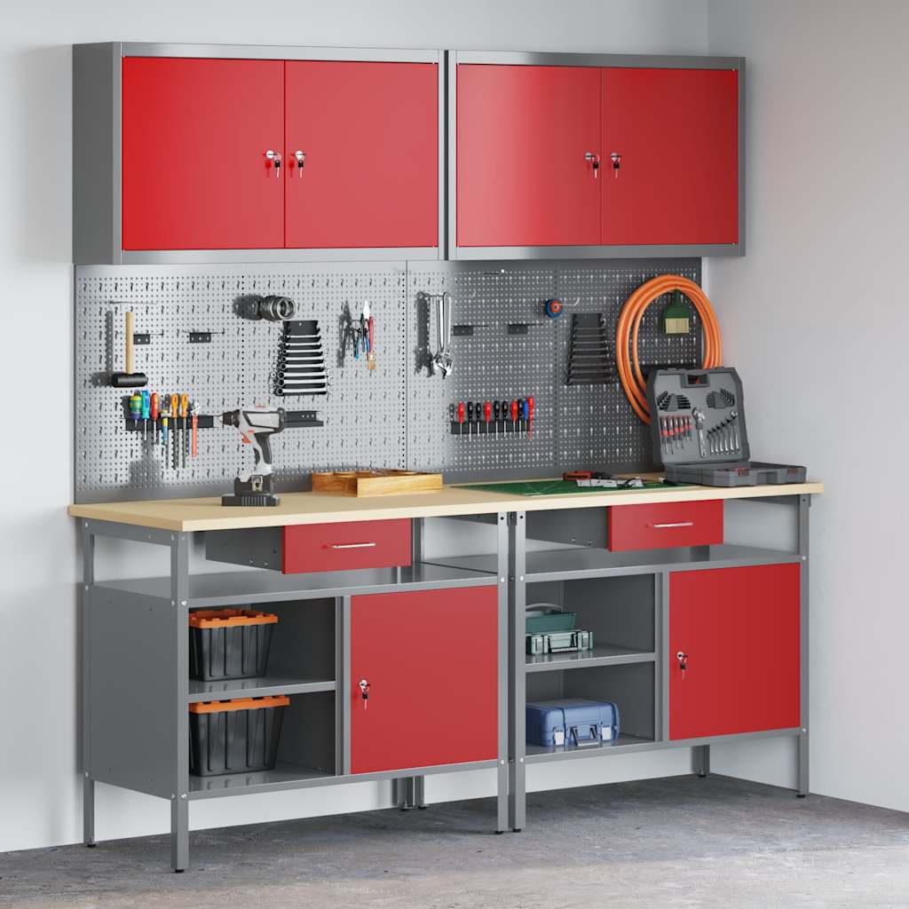 Werkbank-Set 8 stk. Rot und Grau Pulverbeschichteter Stahl