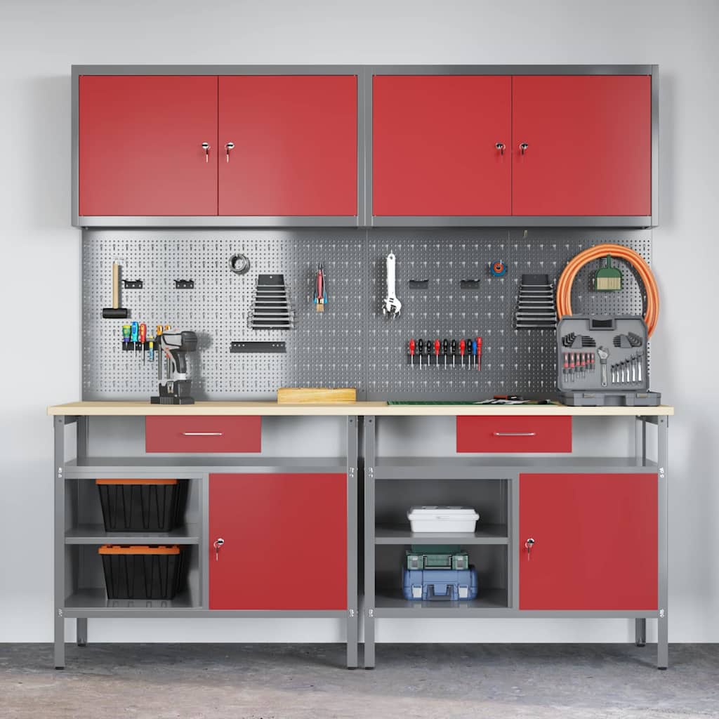 Werkbank-Set 8 stk. Rot und Grau Pulverbeschichteter Stahl