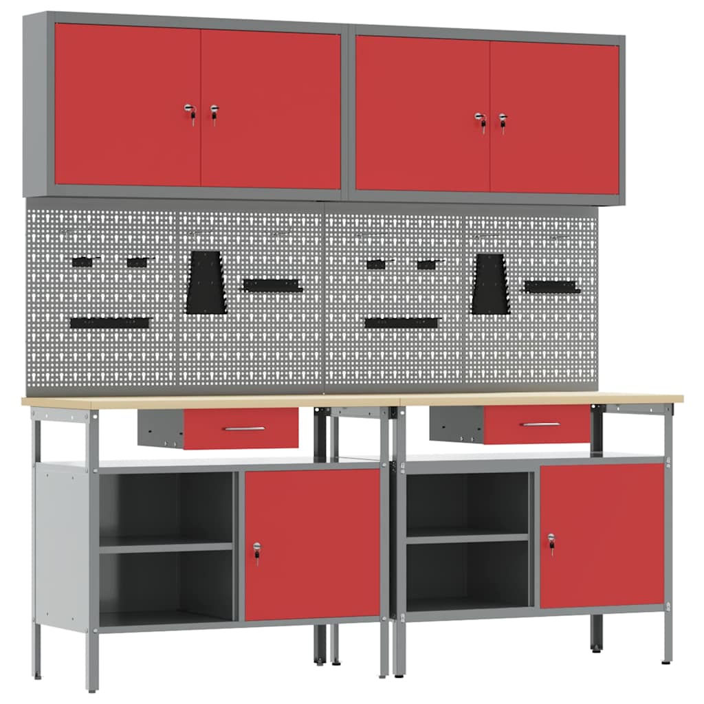 Werkbank-Set 8 stk. Rot und Grau Pulverbeschichteter Stahl