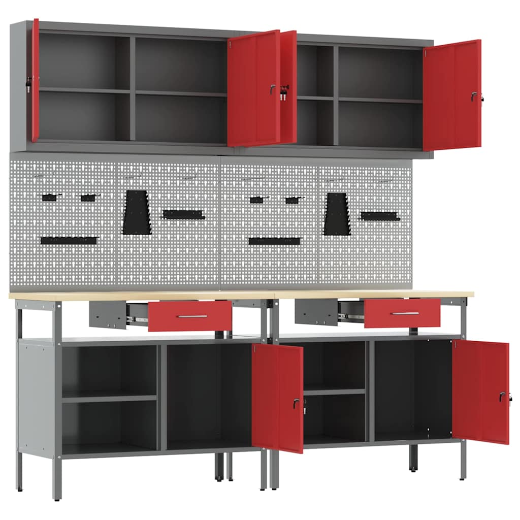 Werkbank-Set 8 stk. Rot und Grau Pulverbeschichteter Stahl