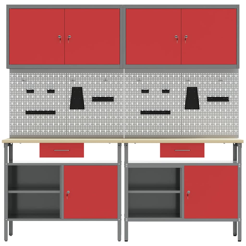 Werkbank-Set 8 stk. Rot und Grau Pulverbeschichteter Stahl
