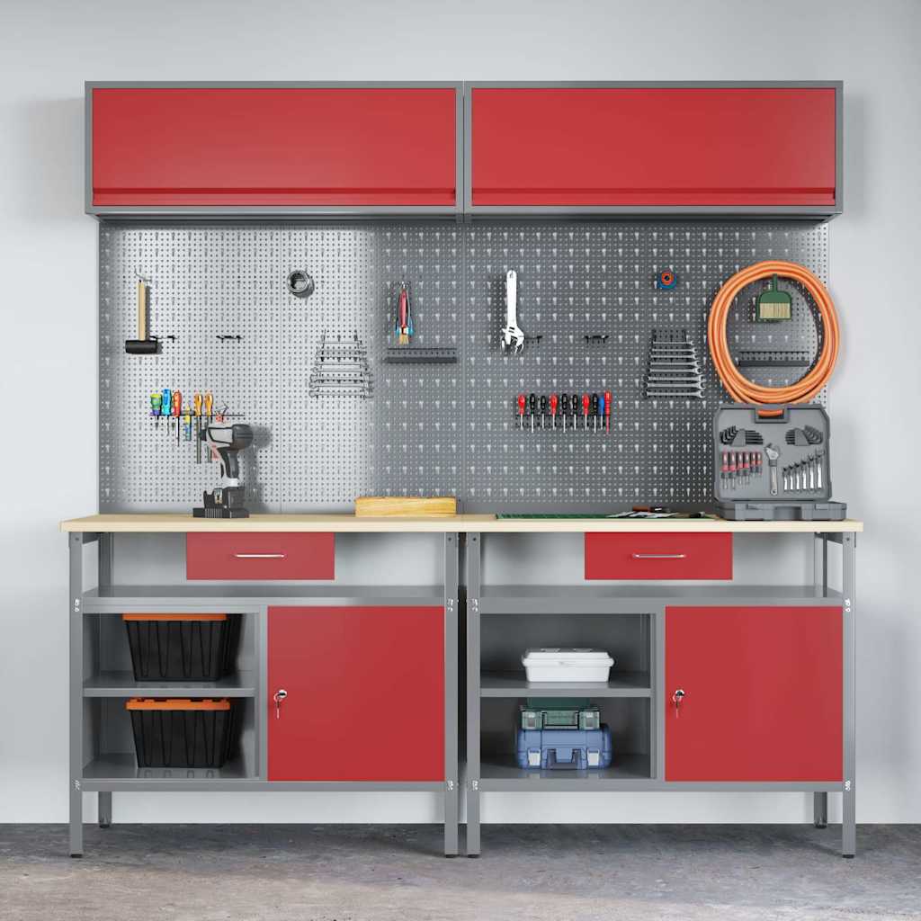 Werkbank-Set 8 pcs Rot und Grau Pulverbeschichteter Stahl