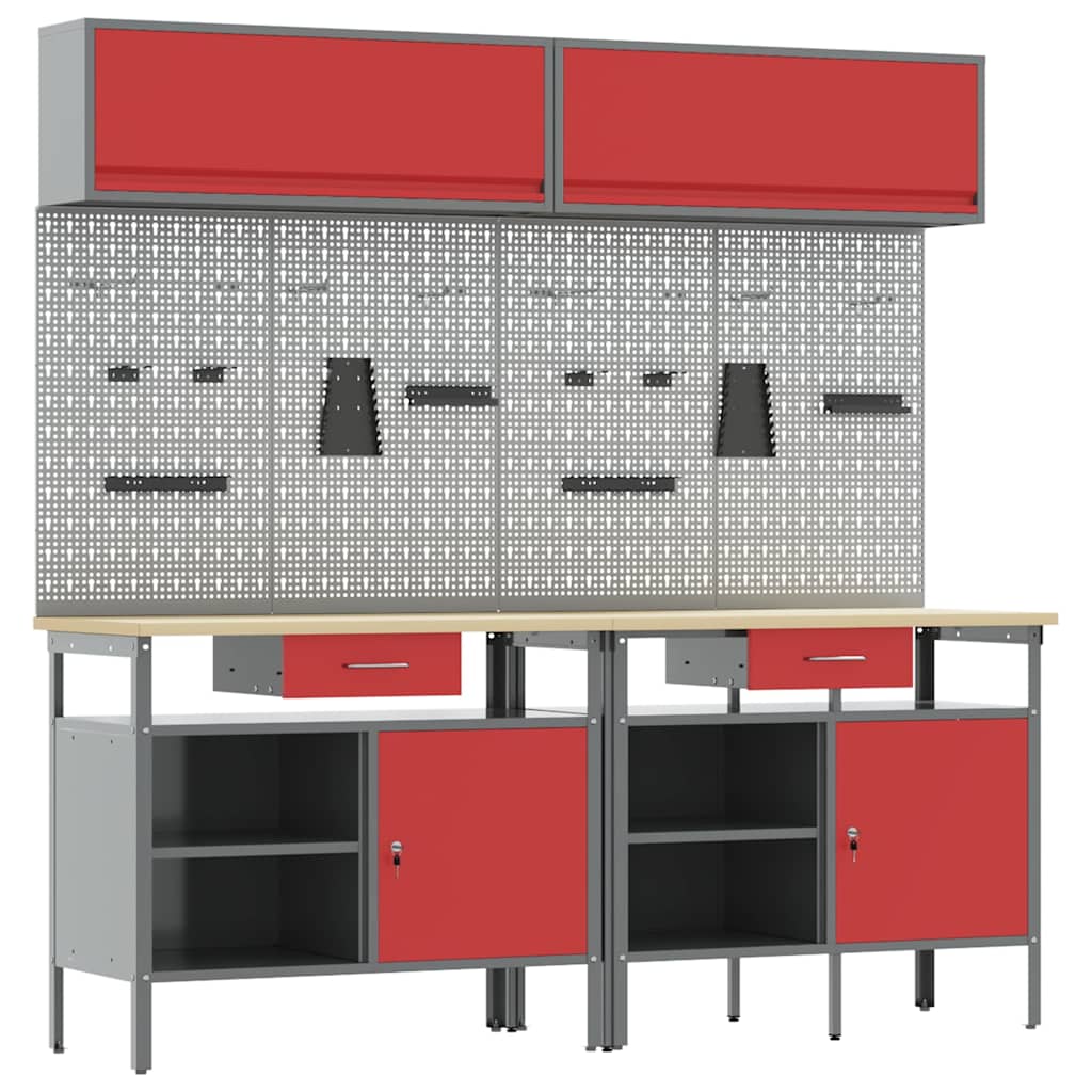 Werkbank-Set 8 pcs Rot und Grau Pulverbeschichteter Stahl
