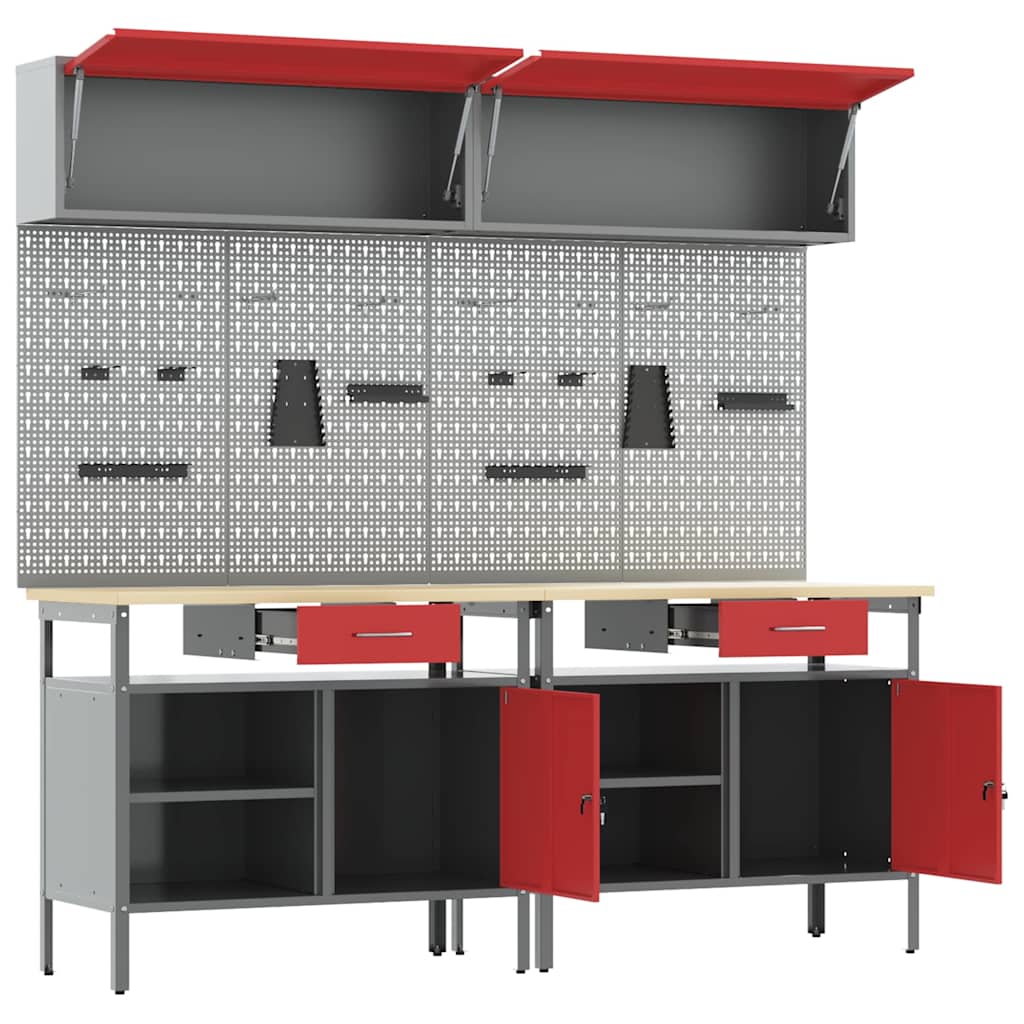 Werkbank-Set 8 pcs Rot und Grau Pulverbeschichteter Stahl