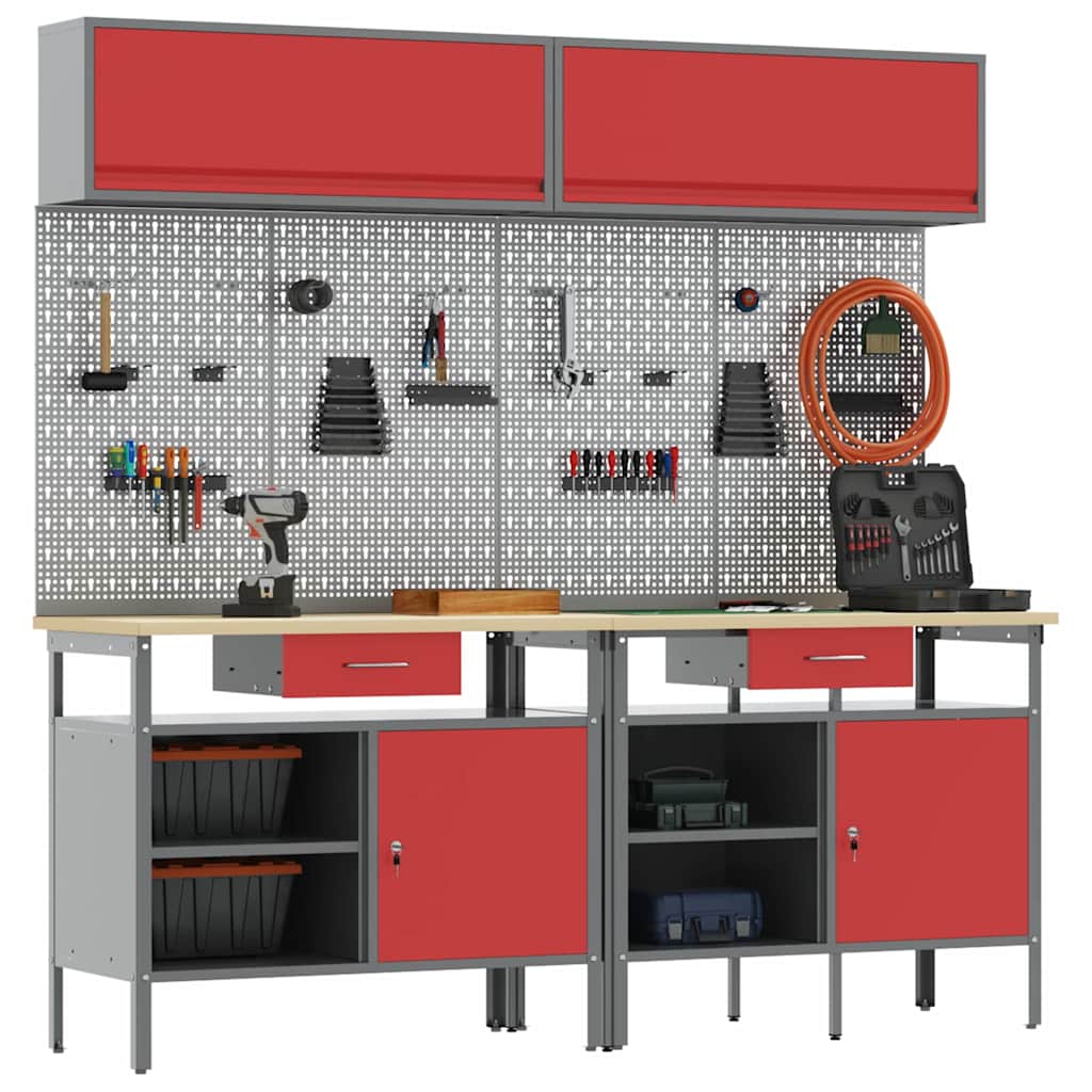 Werkbank-Set 8 pcs Rot und Grau Pulverbeschichteter Stahl