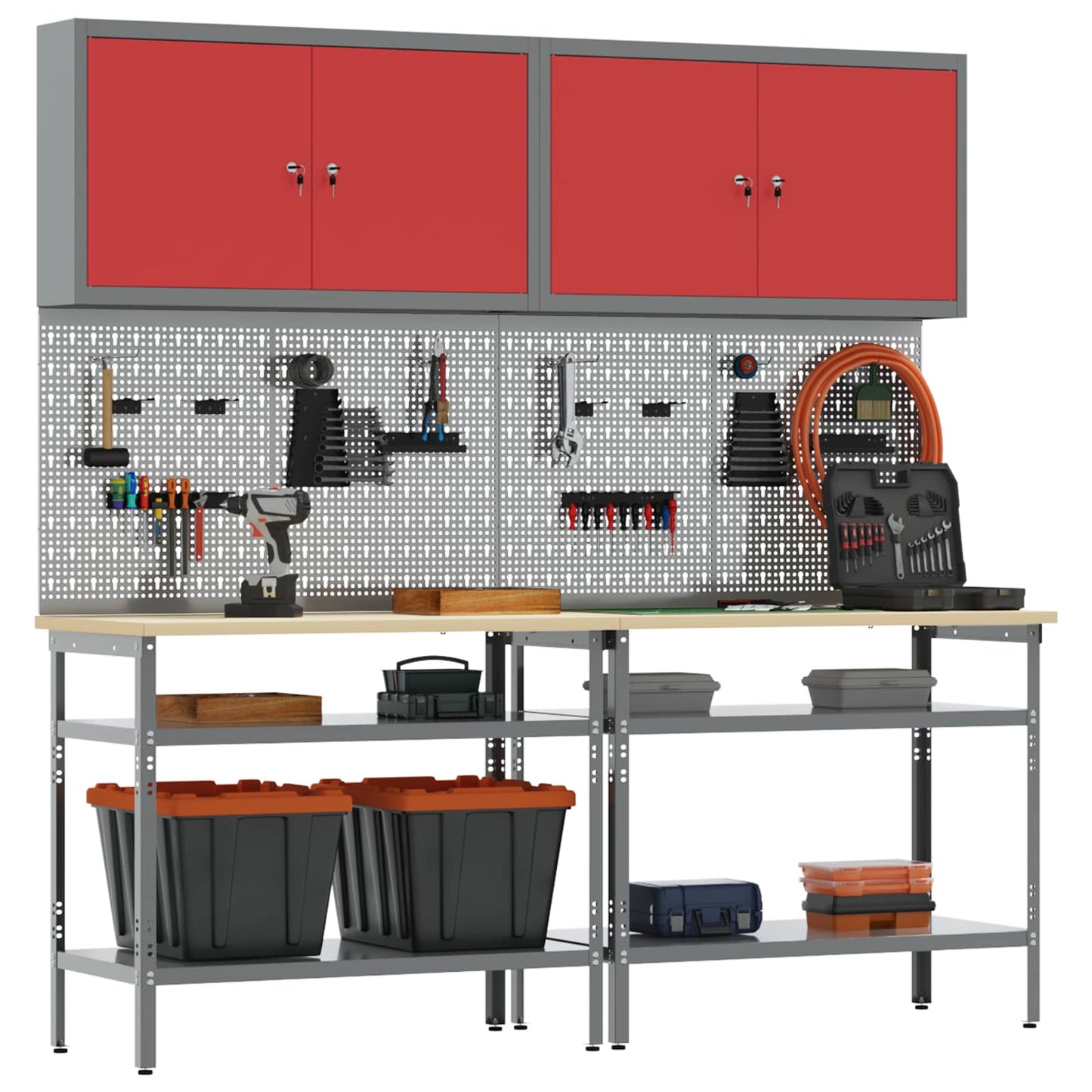 Werkbank-Set 8 stk. Rot und Grau Pulverbeschichteter Stahl