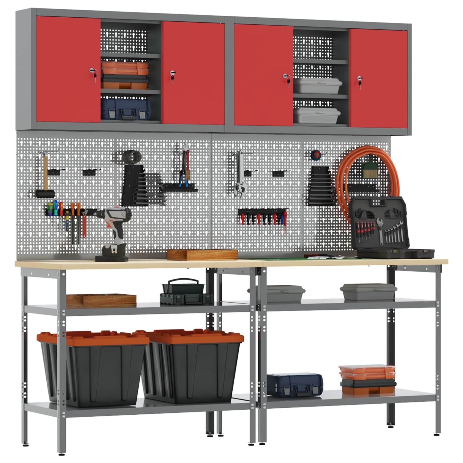 Werkbank-Set 8 stk. Rot und Grau Pulverbeschichteter Stahl