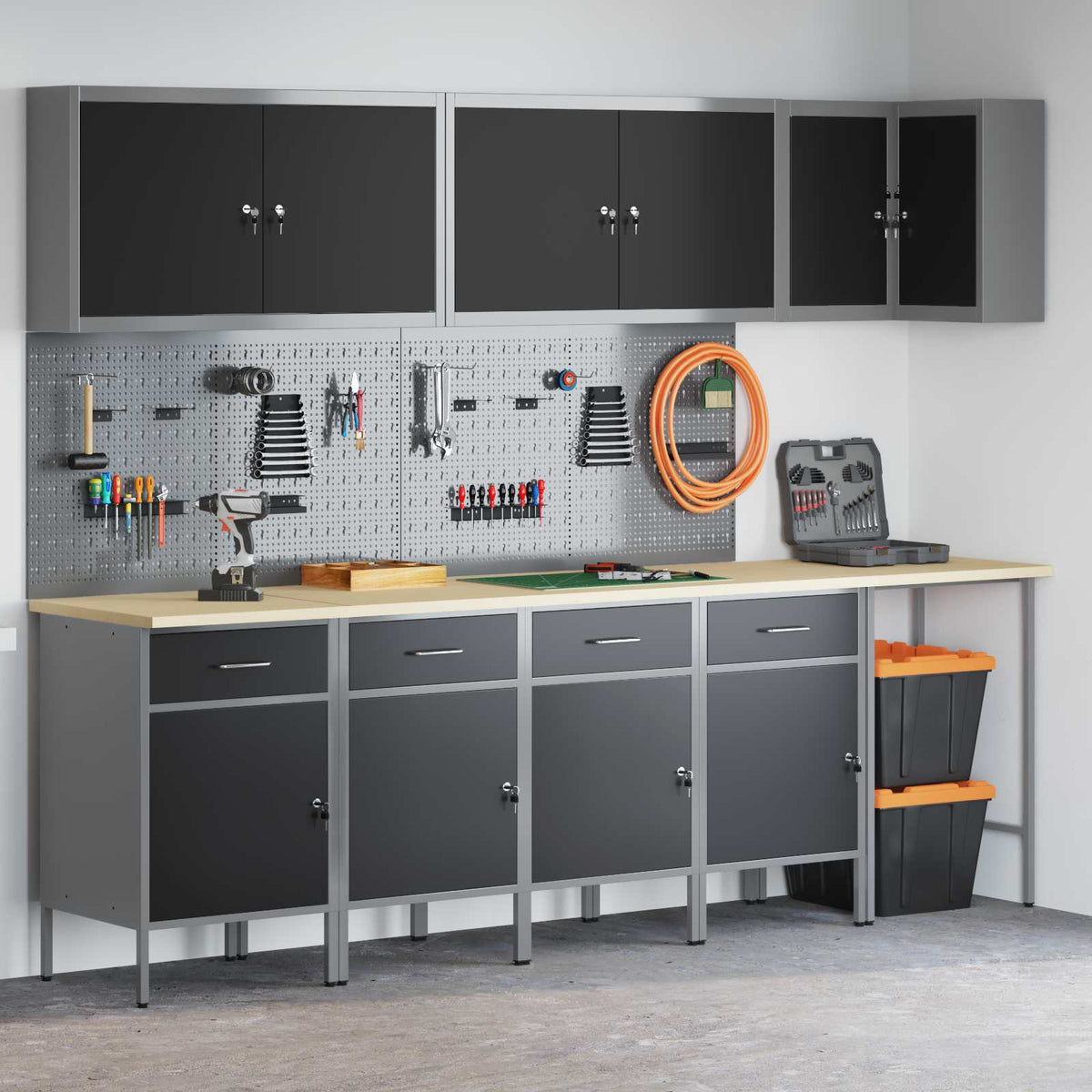 Arbeitsschrankset mit Schubladen 12 Stk. Schwarz und Grau