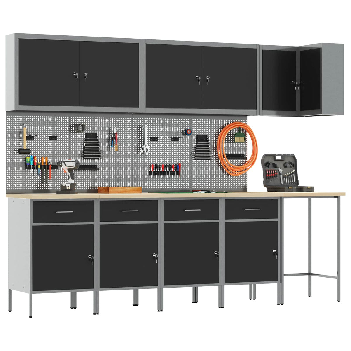 Arbeitsschrankset mit Schubladen 12 Stk. Schwarz und Grau