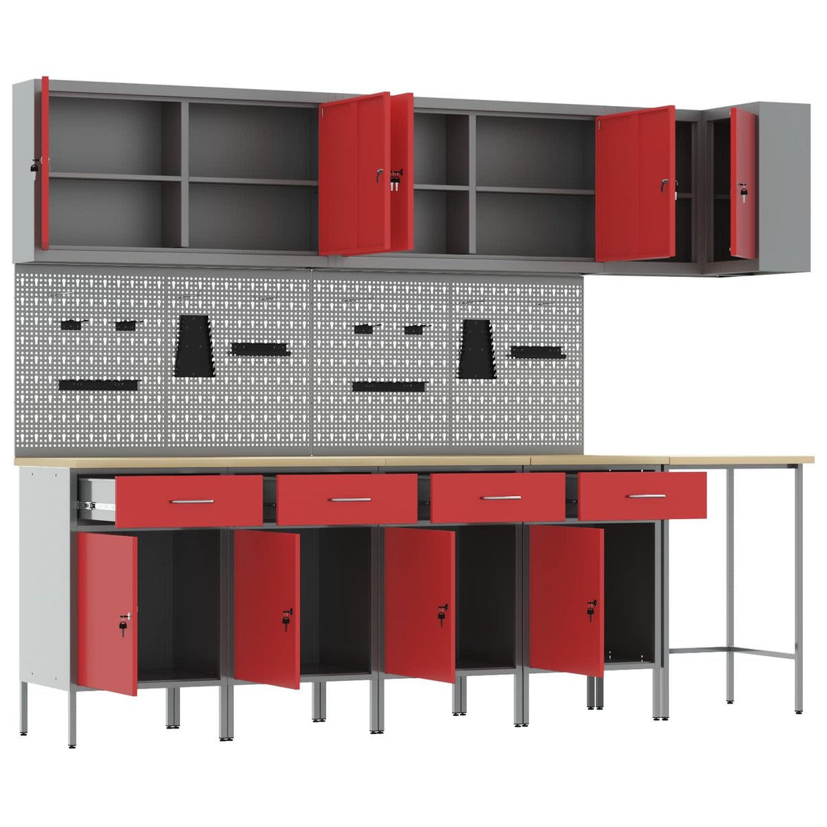 Arbeitsschrankset mit Schubladen mit Regal 12 Stk. Rot und Grau
