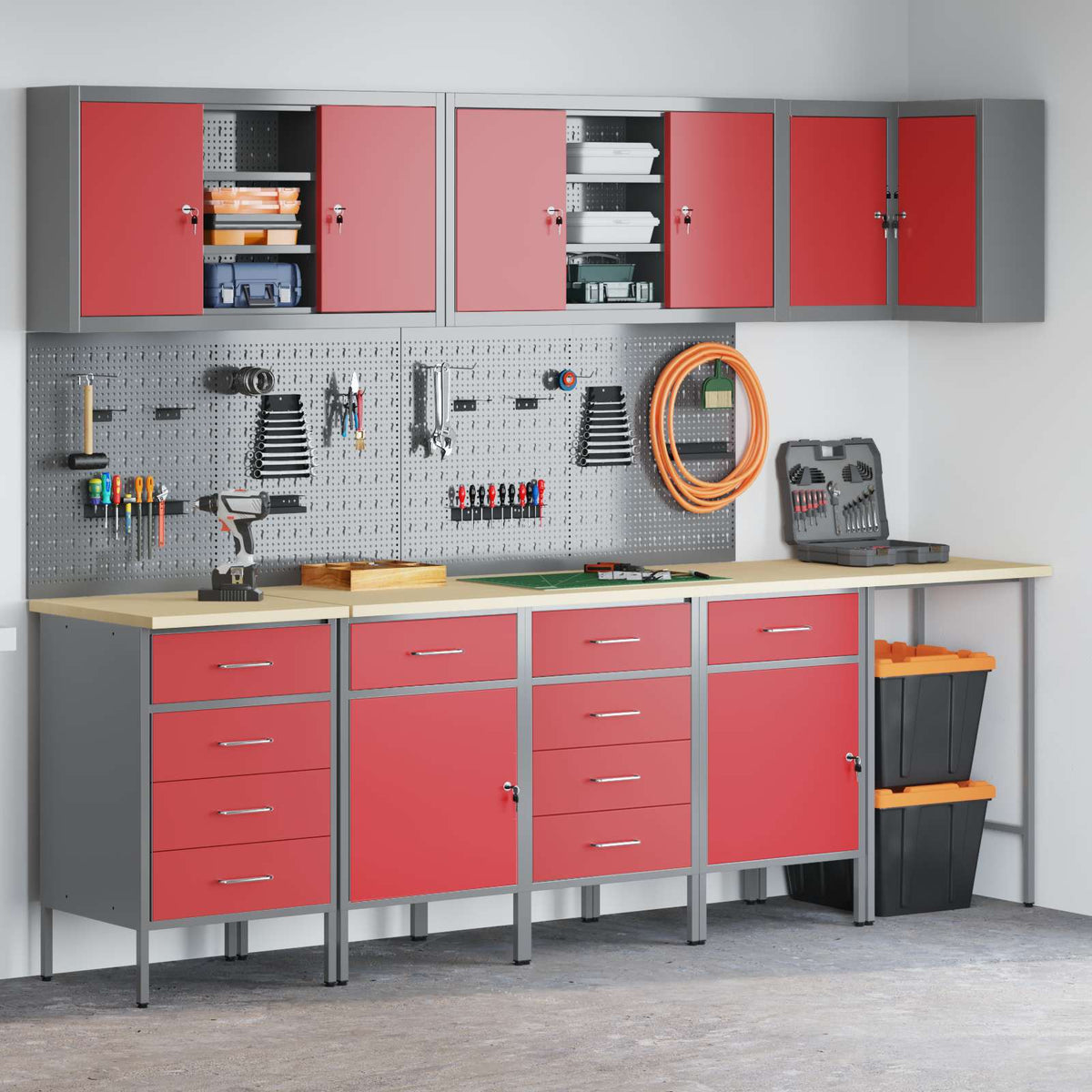 Arbeitsschrankset mit Schubladen 12 Stk. Schwarz und Grau
