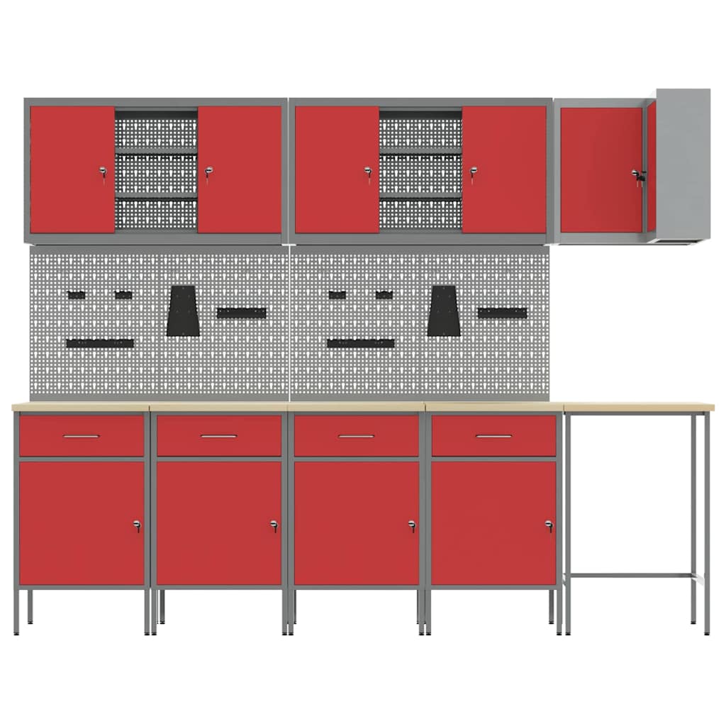 Arbeitsschrankset mit Schubladen mit Regal 12 Stk. Rot und Grau