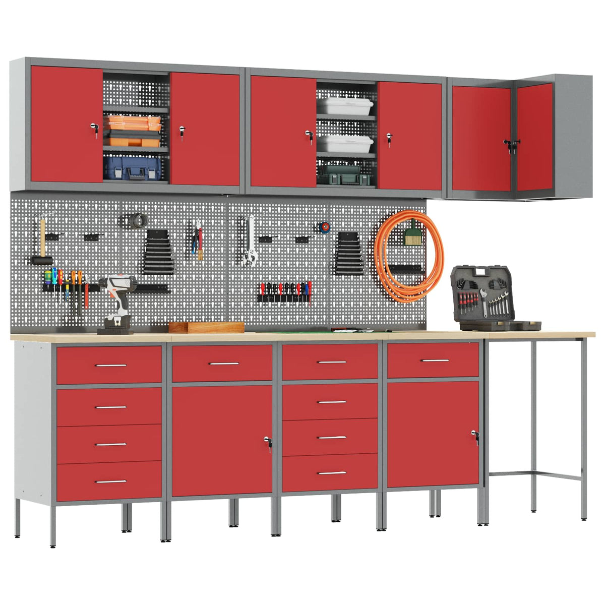 Arbeitsschrankset mit Schubladen mit Regal 12 Stk. Rot und Grau