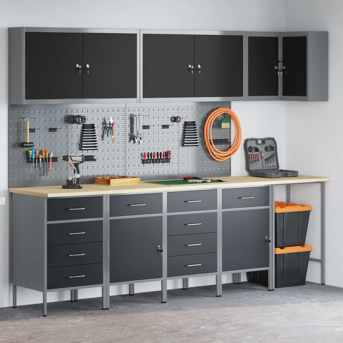 Arbeitsschrankset mit Schubladen 12 Stk. Schwarz und Grau