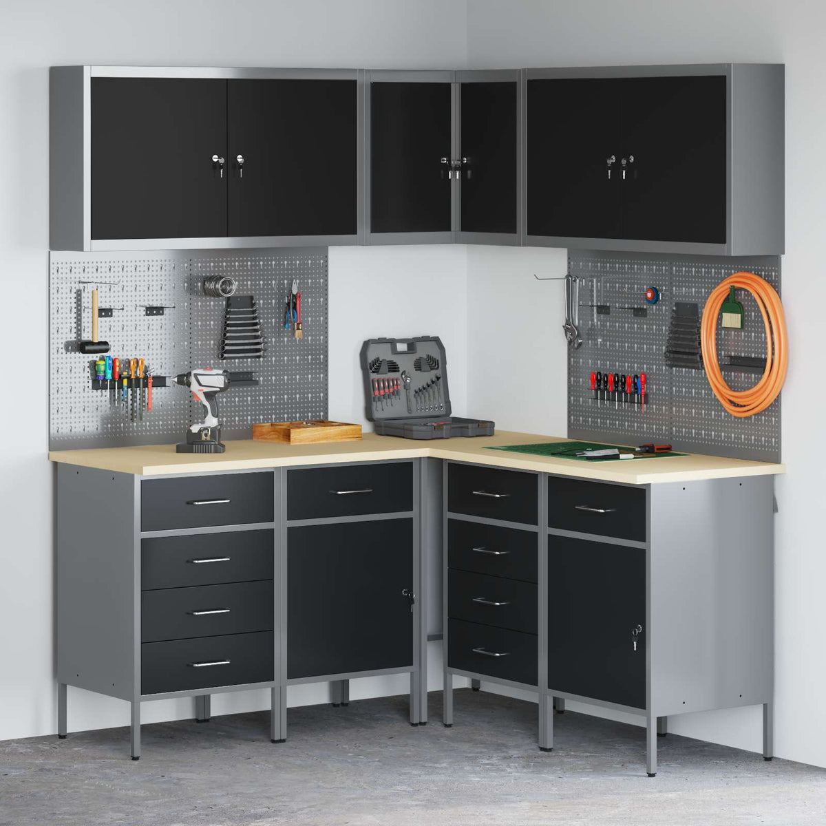 Arbeitsschrankset mit Schubladen 12 Stk. Schwarz und Grau