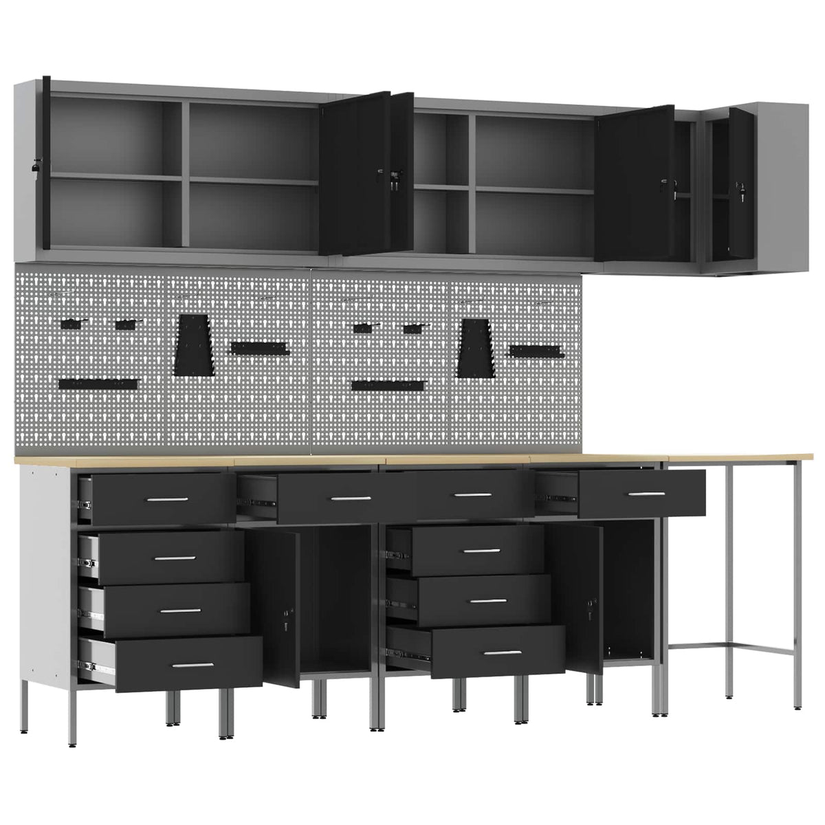 Arbeitsschrankset mit Schubladen 12 Stk. Schwarz und Grau