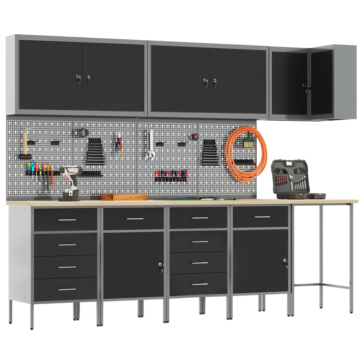 Arbeitsschrankset mit Schubladen 12 Stk. Schwarz und Grau