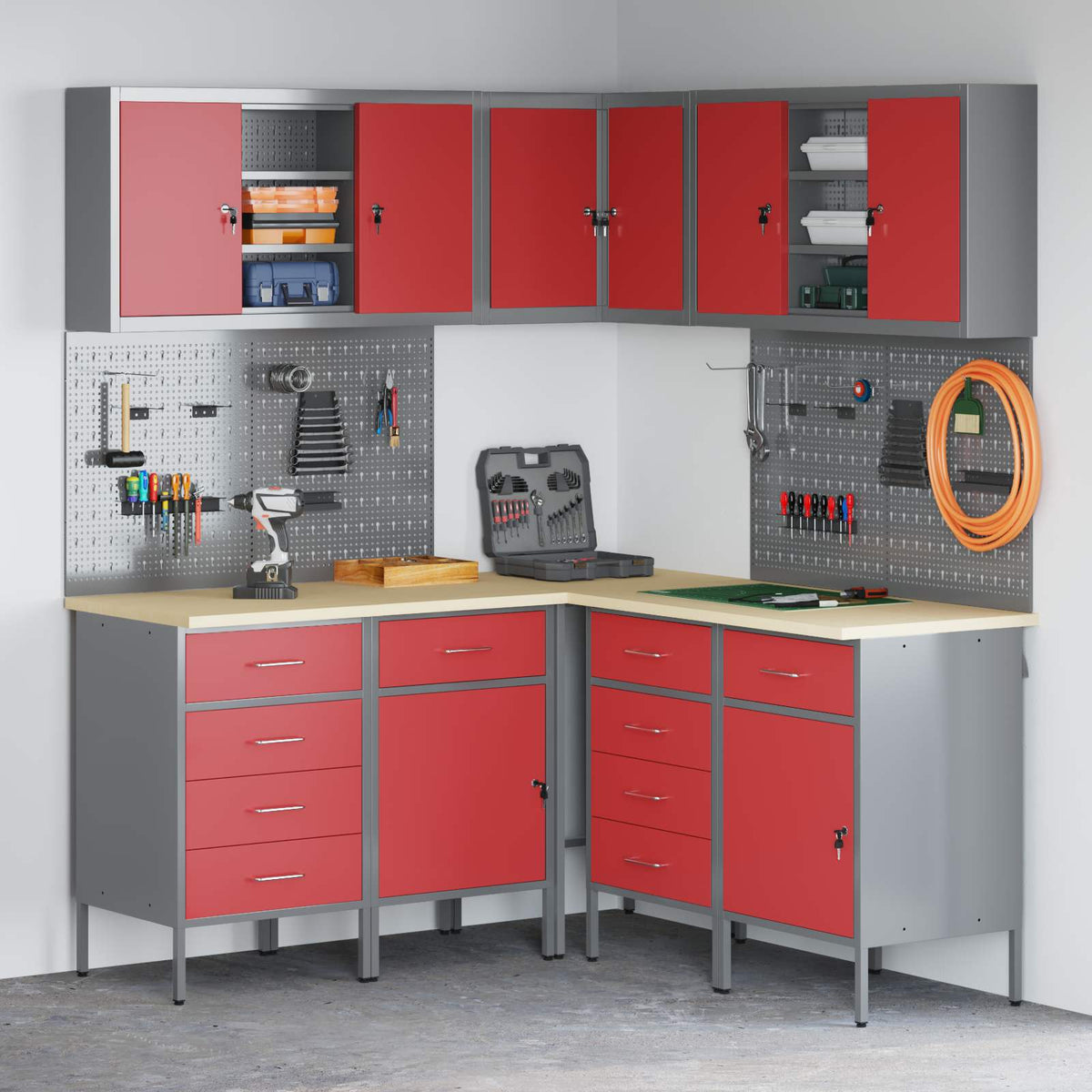 Arbeitsschrankset mit Schubladen mit Regal 12 Stk. Rot und Grau