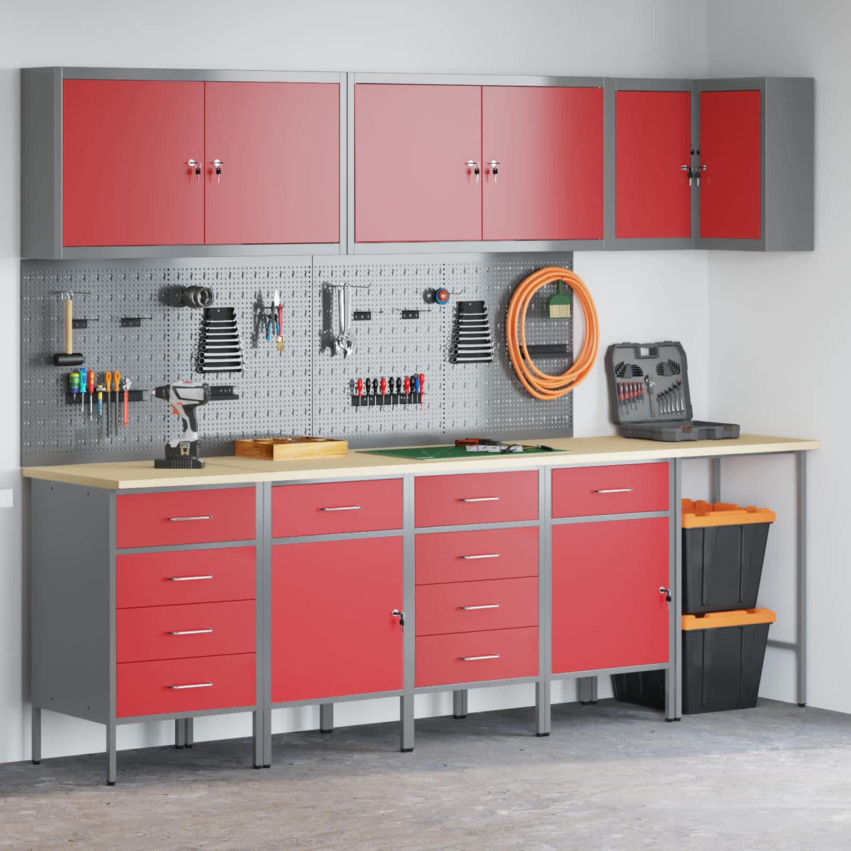 Arbeitsschrankset mit Schubladen mit Regal 12 Stk. Rot und Grau