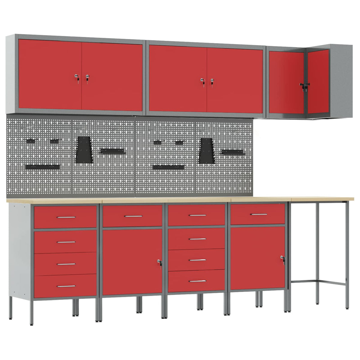 Arbeitsschrankset mit Schubladen mit Regal 12 Stk. Rot und Grau