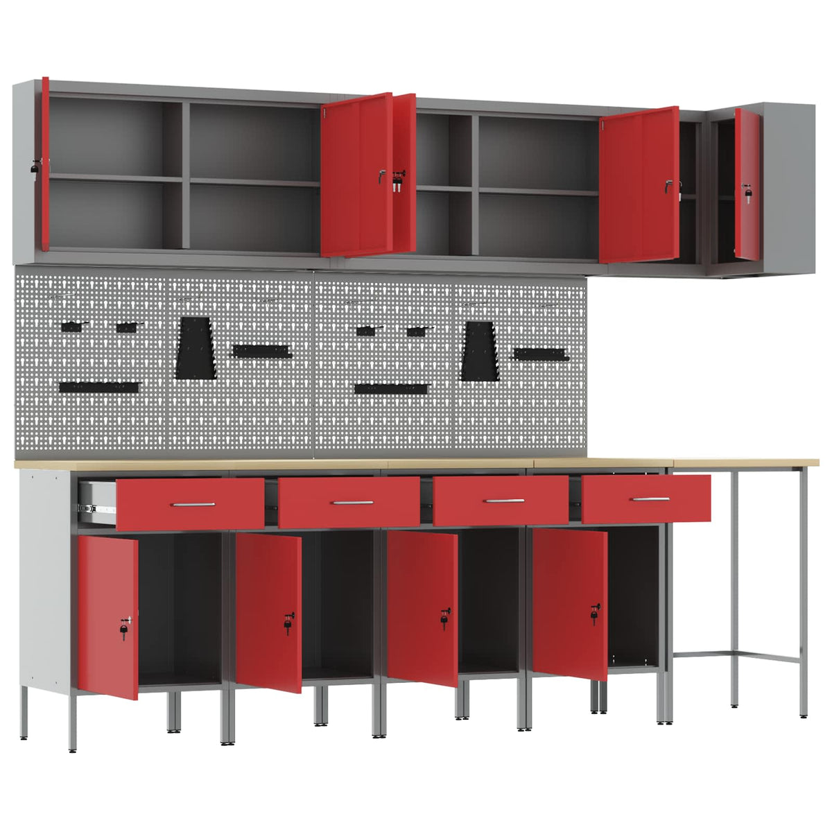 Arbeitsschrankset mit Schubladen mit Regal 12 Stk. Rot und Grau