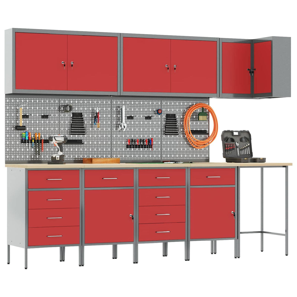 Arbeitsschrankset mit Schubladen mit Regal 12 Stk. Rot und Grau