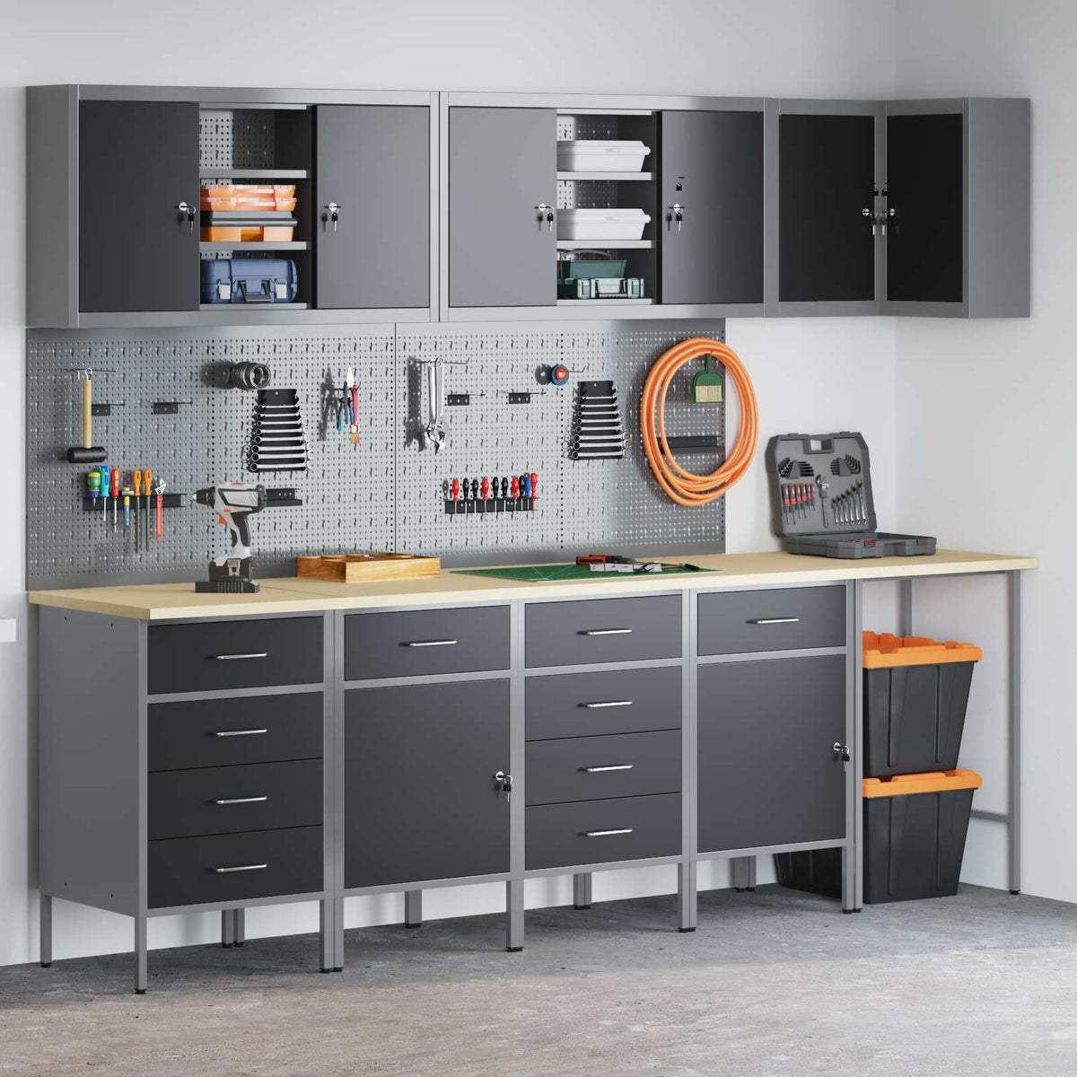 Arbeitsschrankset mit Schubladen 12 Stk. Schwarz und Grau