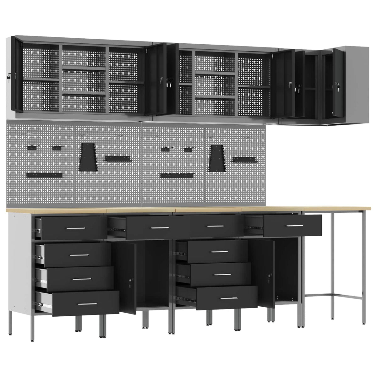 Arbeitsschrankset mit Schubladen 12 Stk. Schwarz und Grau