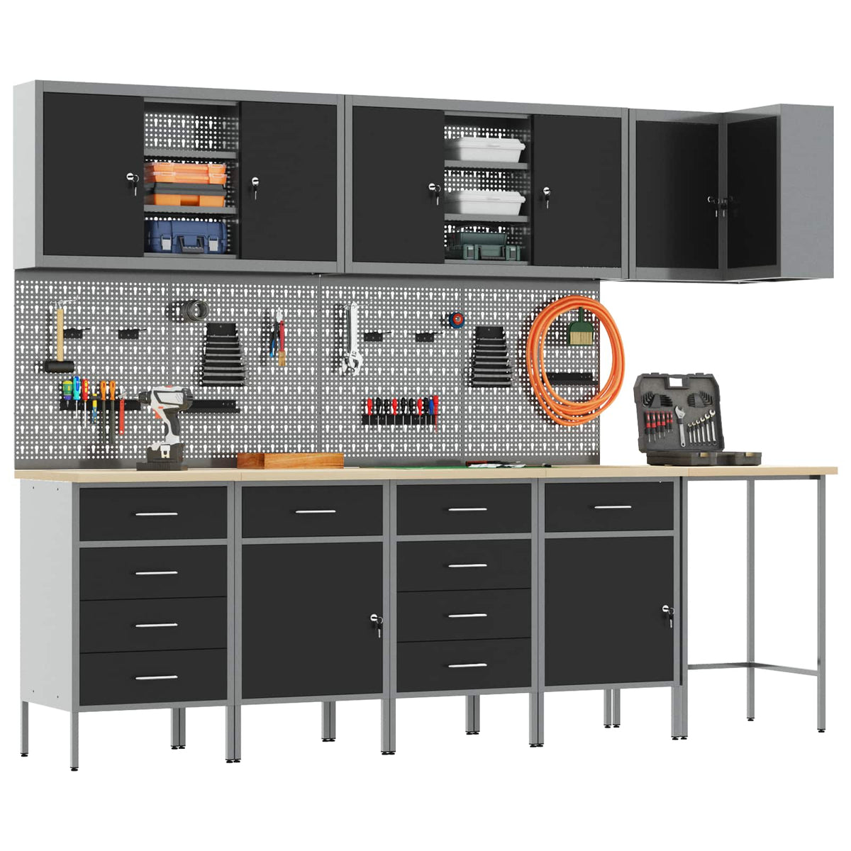 Arbeitsschrankset mit Schubladen 12 Stk. Schwarz und Grau