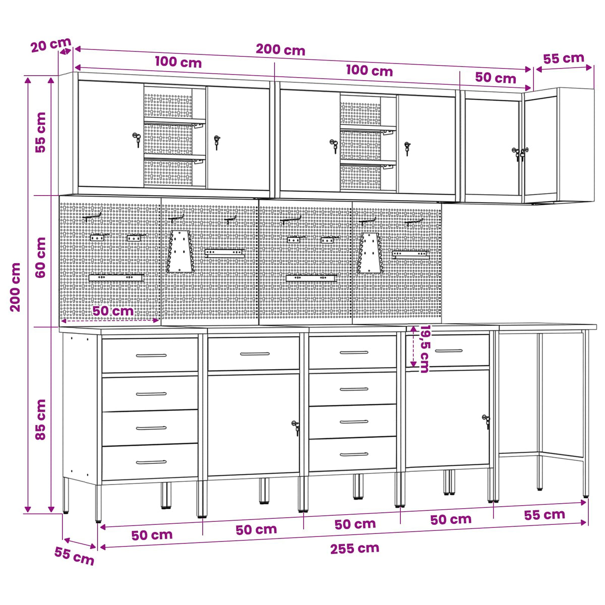 Arbeitsschrankset mit Schubladen 12 Stk. Schwarz und Grau