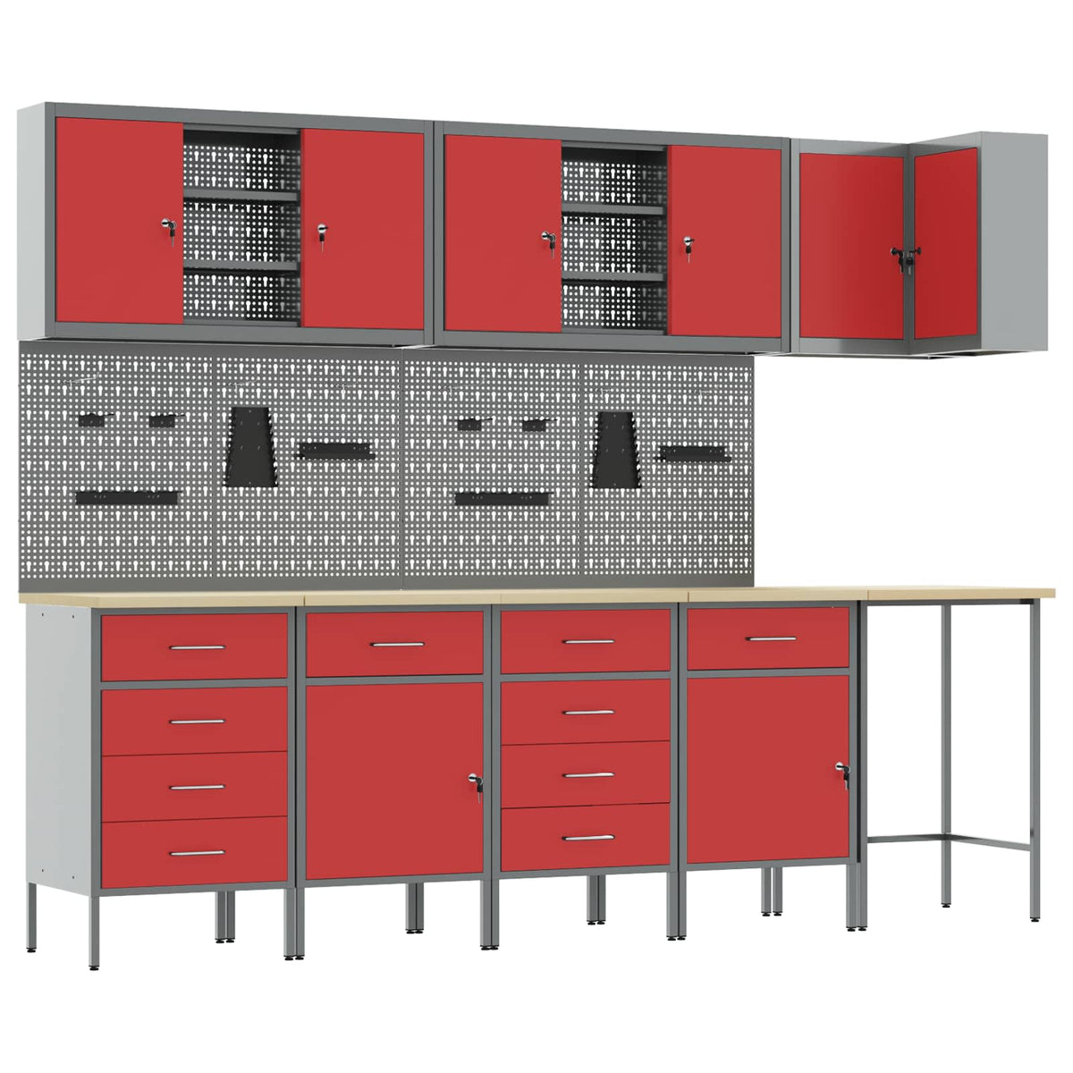 Arbeitsschrankset mit Schubladen mit Regal 12 Stk. Rot und Grau