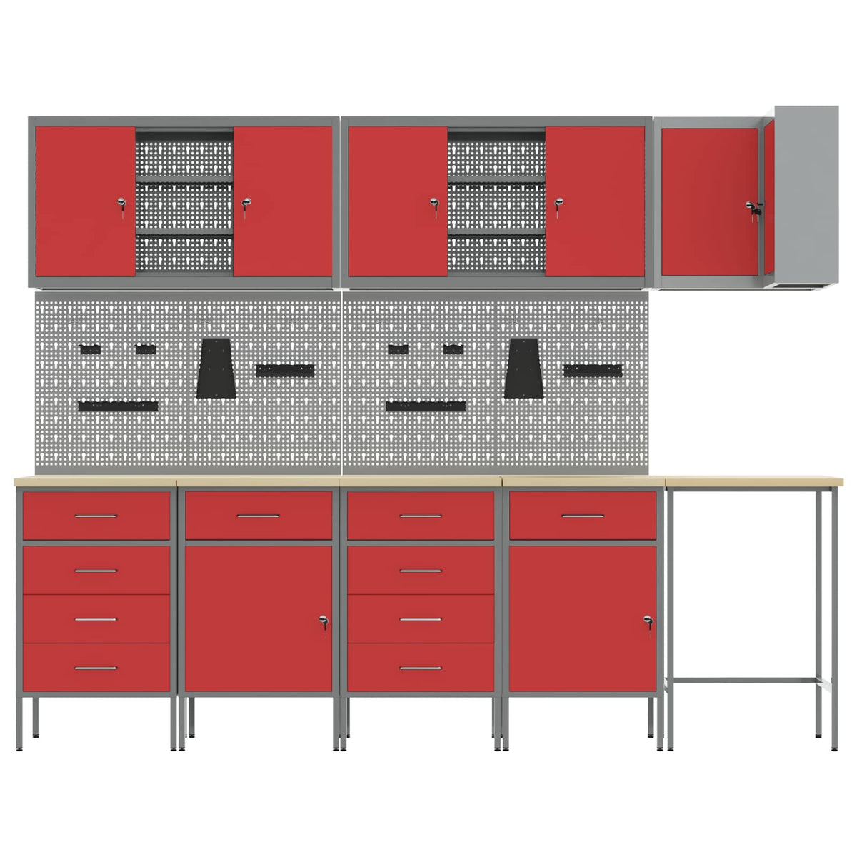 Arbeitsschrankset mit Schubladen mit Regal 12 Stk. Rot und Grau